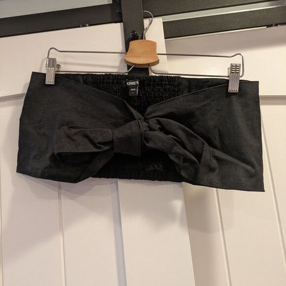 EXPRESS Linen-Blend Tie Front Bandeau Top / Crop Top in Black NWT (L + XL) - Picture 14 of 16